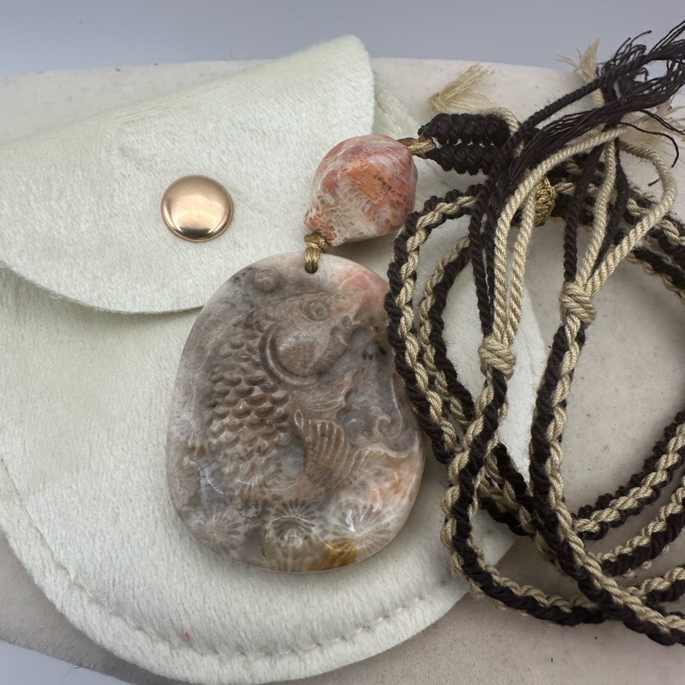Handcrafted Coral Fossil Jade Fish Carving Pendant Necklace on Adjustable Rope - Picture 13 of 13
